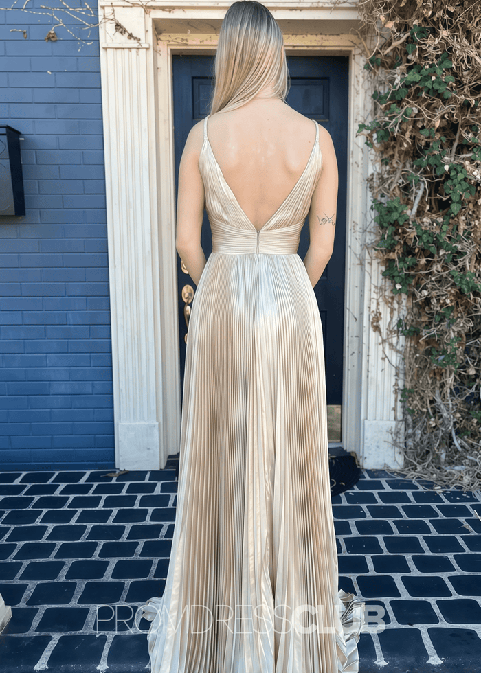 Eudora |Long Gold Prom Dress Metallic With A Line V Neck Plunging Pleated - Gold - PromDressClub