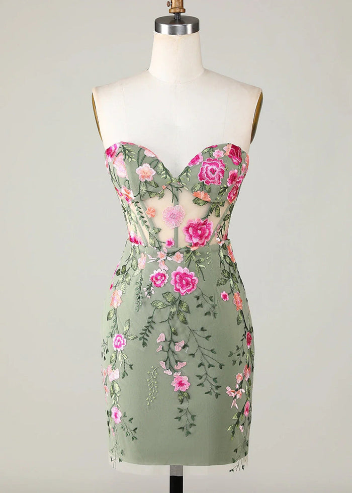 Eulalie | Discover the Perfect Black Homecoming Dress: Floral, Strapless & Backless Elegance - Sage Floral - PromDressClub