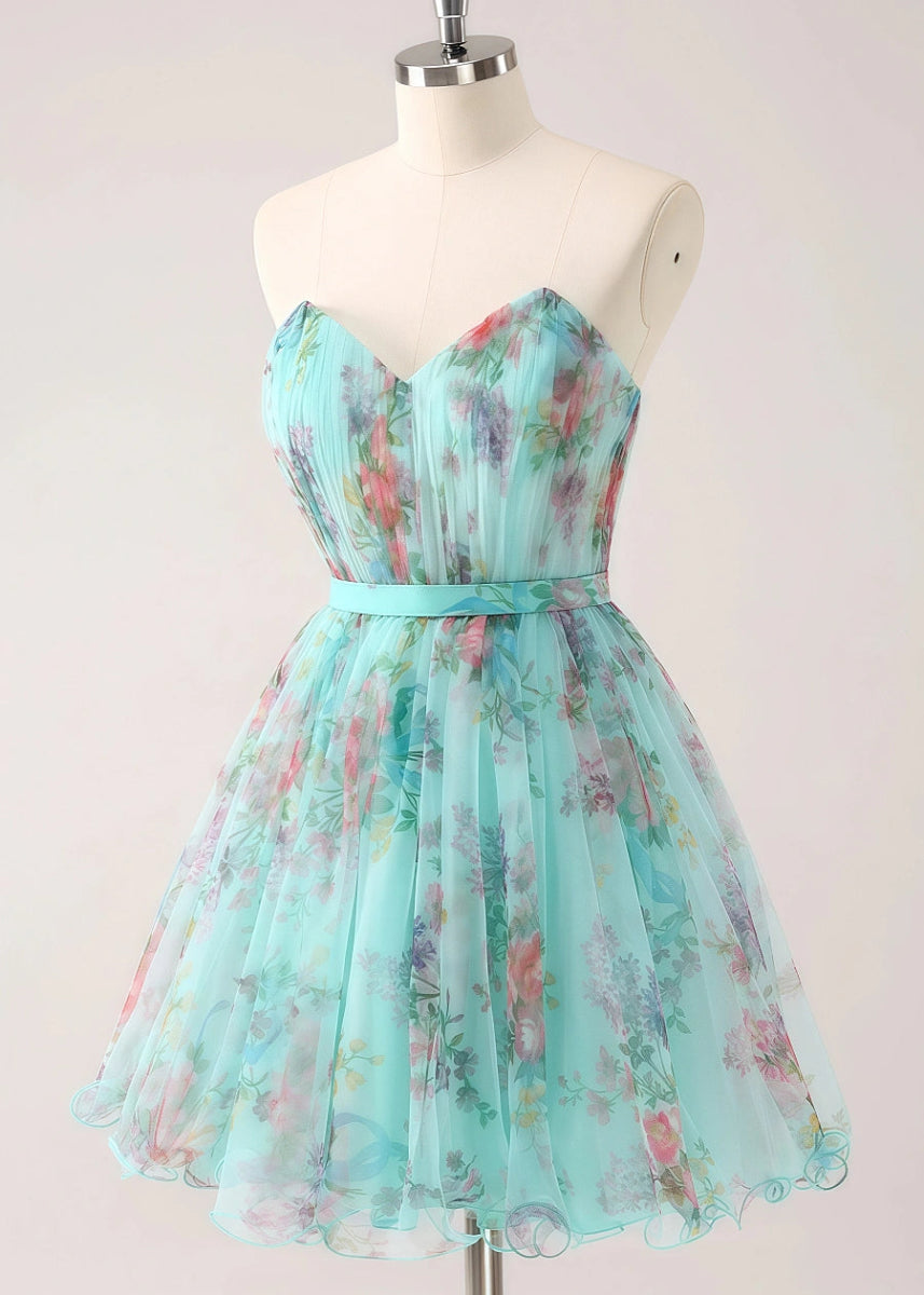 Eurielle | Shine in Spring: Strapless Floral Green Homecoming Dress Elegance - Light Green Floral - PromDressClub