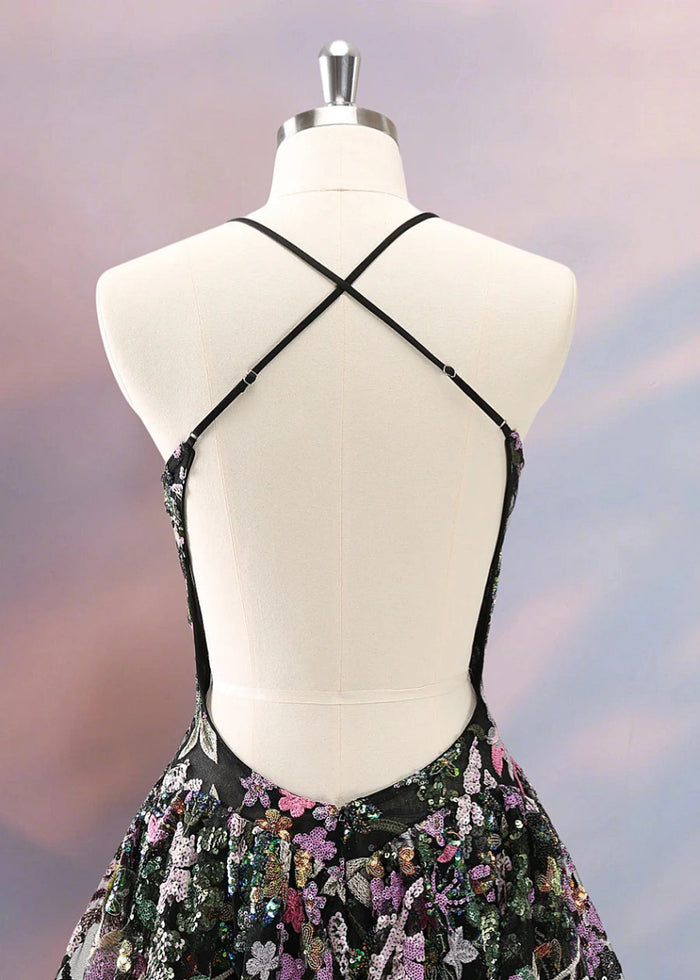 Evadne | Stand Out at Prom with Black Homecoming Dress Floral Backless Corset Design - Black Floral - PromDressClub