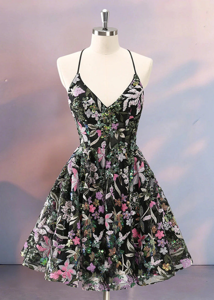 Evadne | Stand Out at Prom with Black Homecoming Dress Floral Backless Corset Design - Black Floral - PromDressClub