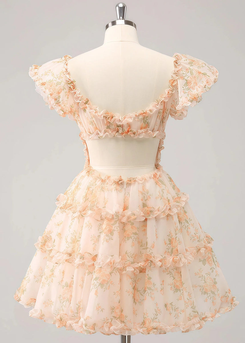 Evaluna | Stunning Champagne Floral Homecoming Dress: Dance the Night Away Beautifully - Champagne Floral - PromDressClub