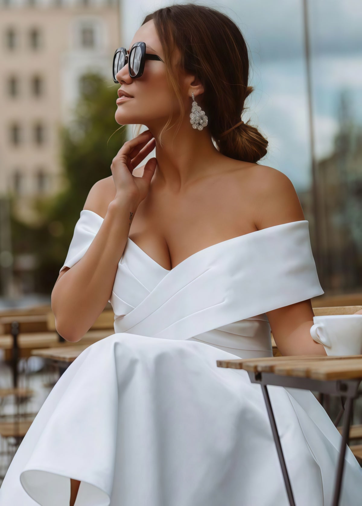 Evangeline | Elegant A Line Off the Shoulder Strapless White Satin Midi Wedding Dress - Price #price_variant_lowest# - White - PromDressClub