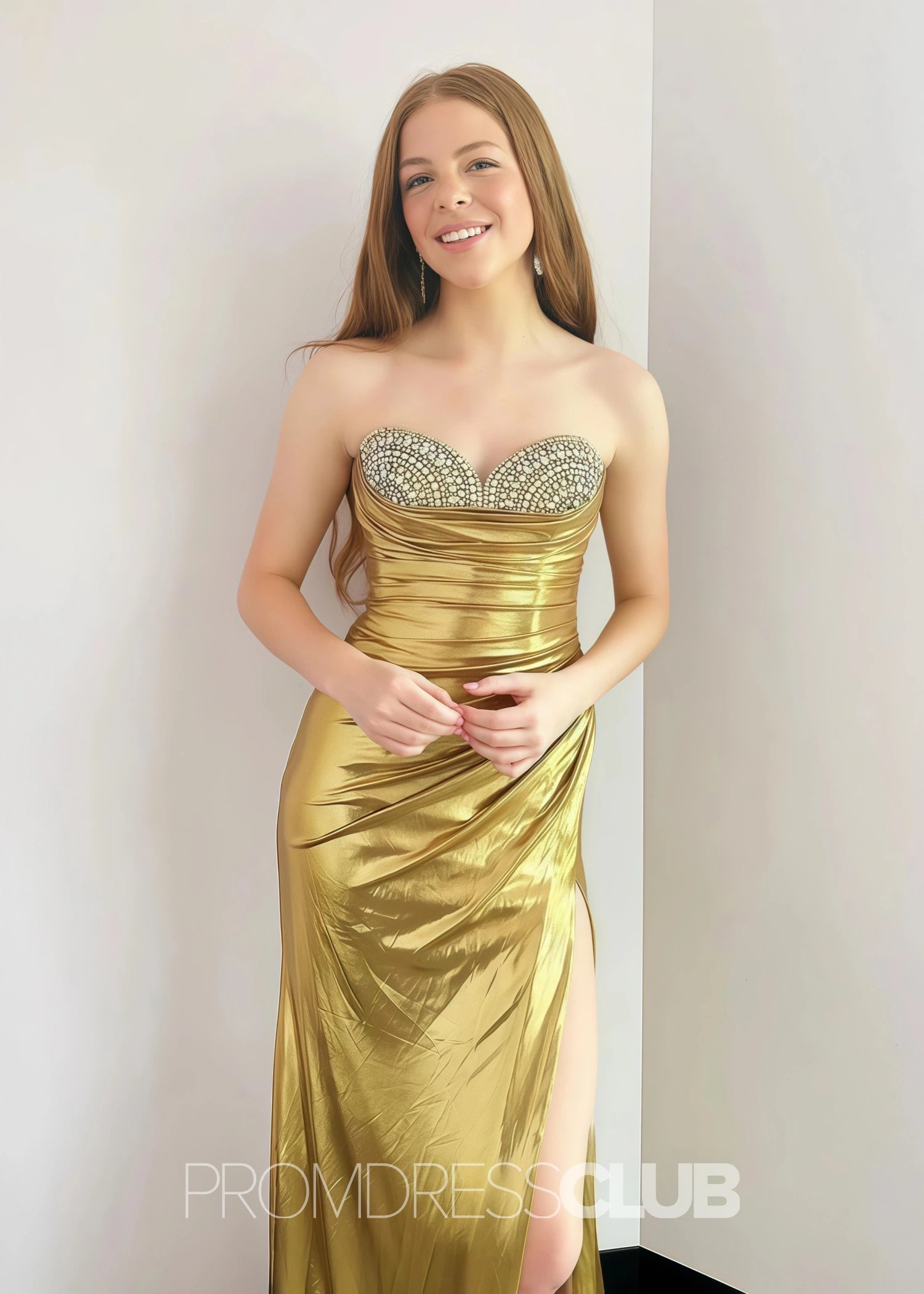 Evangeline |Long Silver Prom Dress Metallic With Mermaid Beaded Sweetheart Split - Gold - PromDressClub