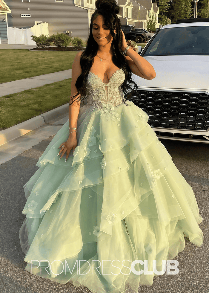 Eve |Ball Gown Sage Green Prom Dress Long V Neck with Slit Tiered Tulle Eve |Ball Gown Sage Green Prom Dress Long V Neck with Slit Tiered Tulle