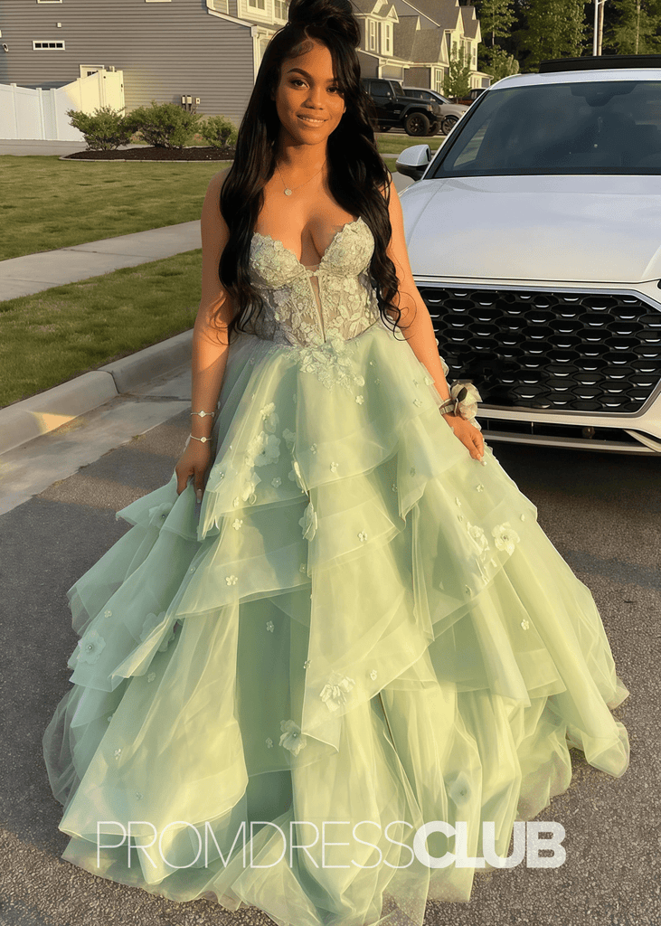 green prom dress sage Eve |Ball Gown Long V Neck with Slit Tiered Tulle V-neck lace dress
