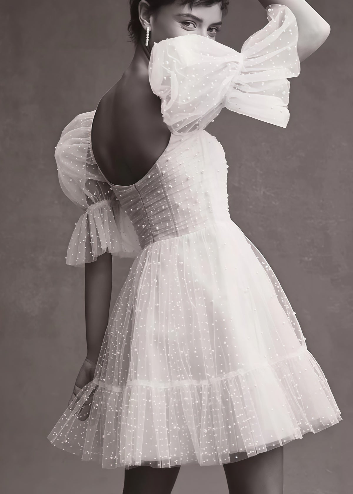 Evelyn | Glamorous Pearl Puff Sleeve Square Neck Short Wedding Reception Dress with Backless - Price #price_variant_lowest# - White - PromDressClub