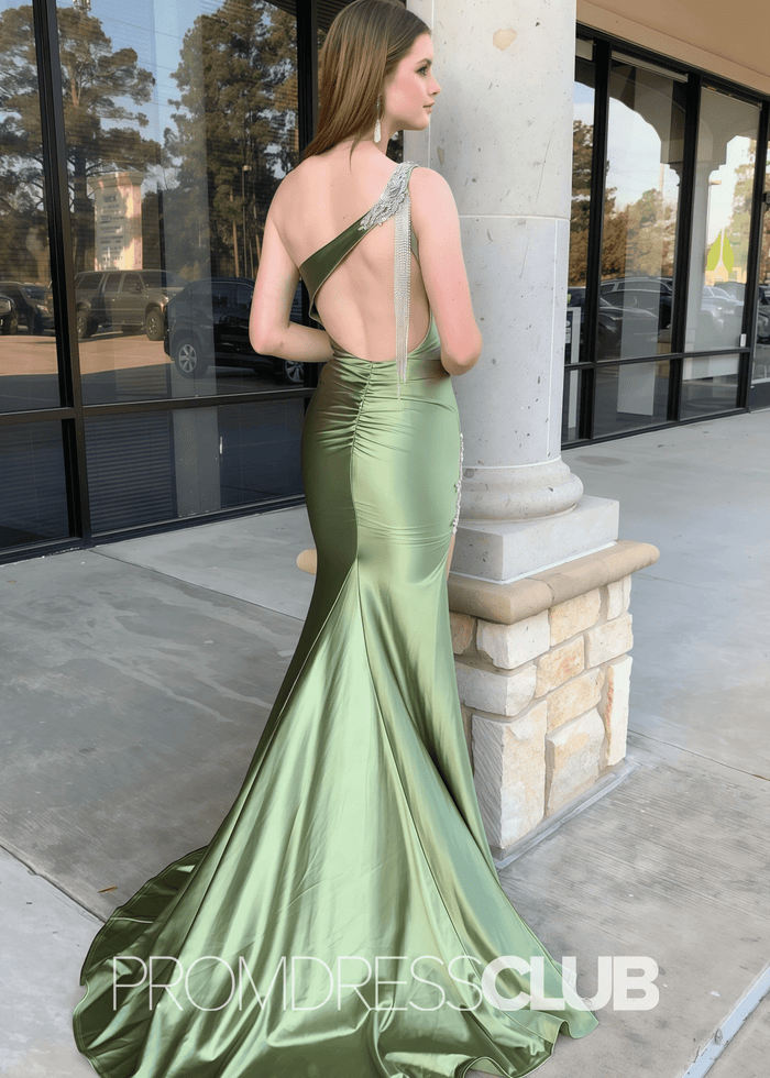 Evelyn |Mermaid Sage Green Prom Dresses Long One Shoulder with Slit - Sage - PromDressClub