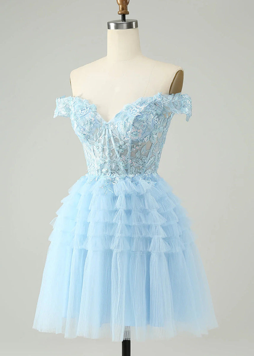 Exuperia | Shine at Homecoming in a Stunning Blue Off - the - Shoulder Dress - Light Blue - PromDressClub