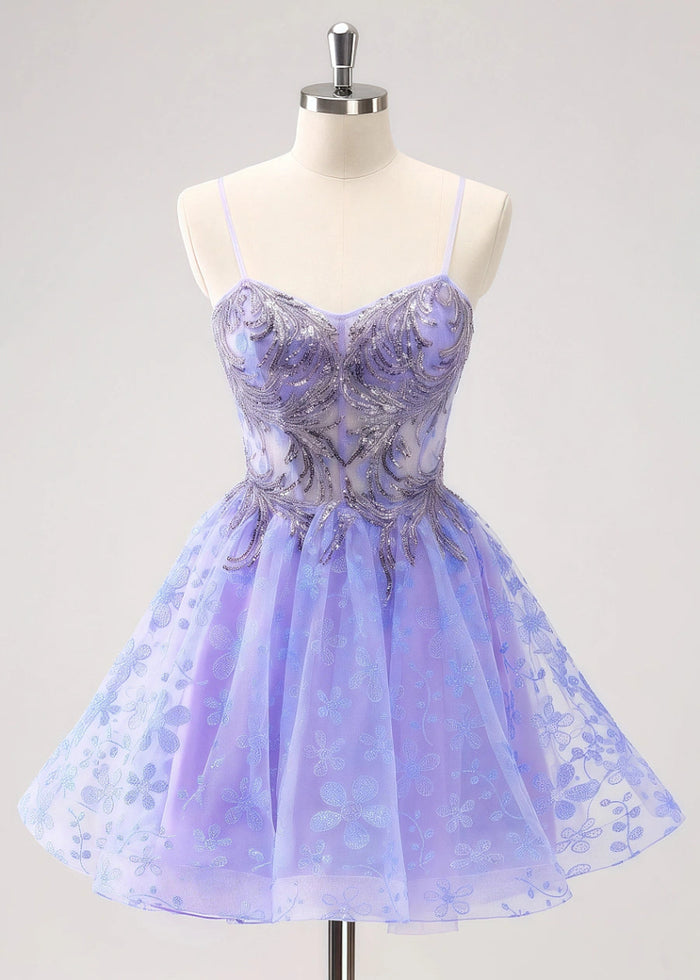 Ezmeralda | Sparkle Purple Homecoming Dress | Floral A - Line Elegance Dazzle - Light Purple Floral - PromDressClub