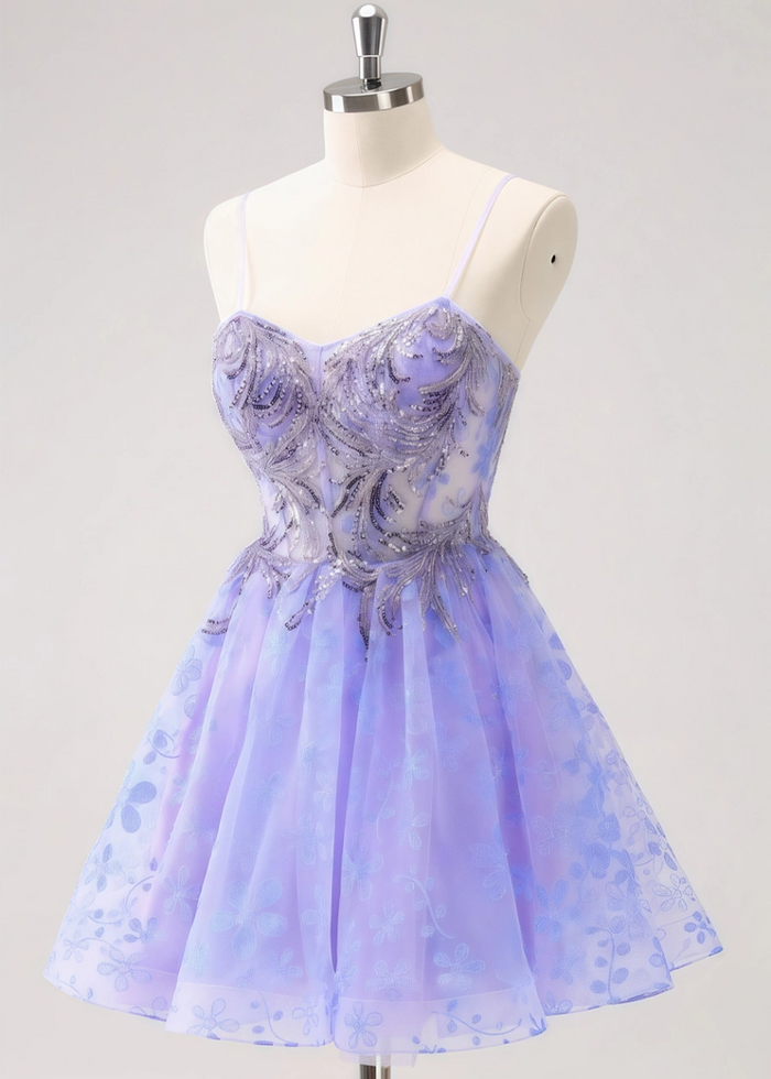 Ezmeralda | Sparkle Purple Homecoming Dress | Floral A - Line Elegance Dazzle - Light Purple Floral - PromDressClub