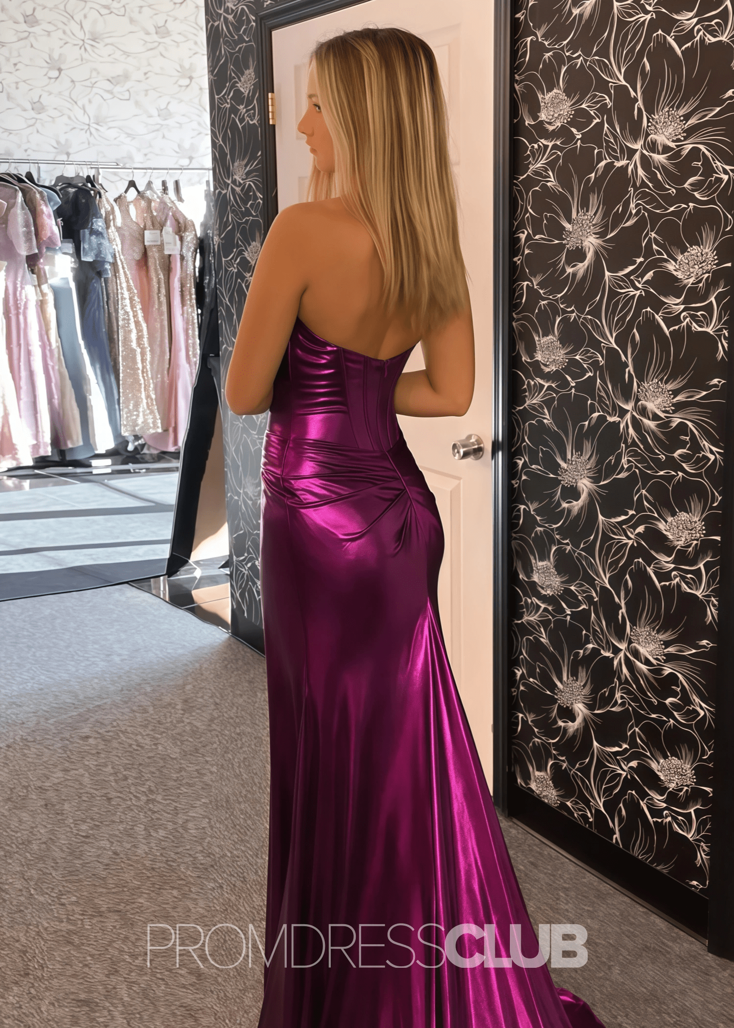 Faithe |Long Fuchsia Prom Dress Metallic With Mermaid Sweetheart Strapless Empire Side Split - Fuchsia - PromDressClub