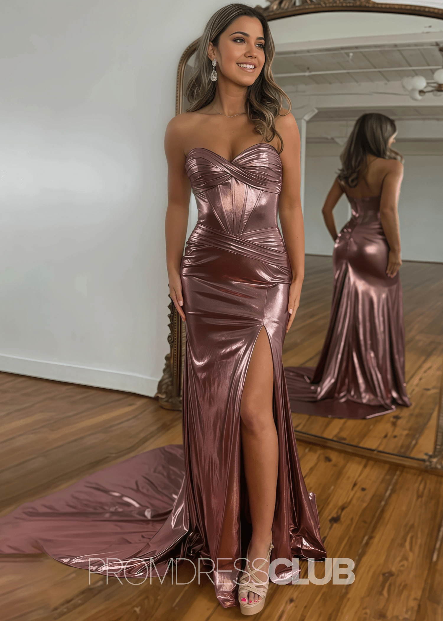 Faithe |Long Fuchsia Prom Dress Metallic With Mermaid Sweetheart Strapless Empire Side Split - RosyBrown - PromDressClub