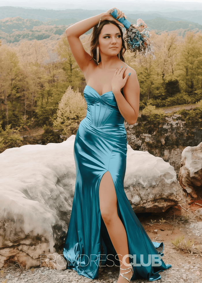 Faithe |Long Fuchsia Prom Dress Metallic With Mermaid Sweetheart Strapless Empire Side Split - Turquoise - PromDressClub