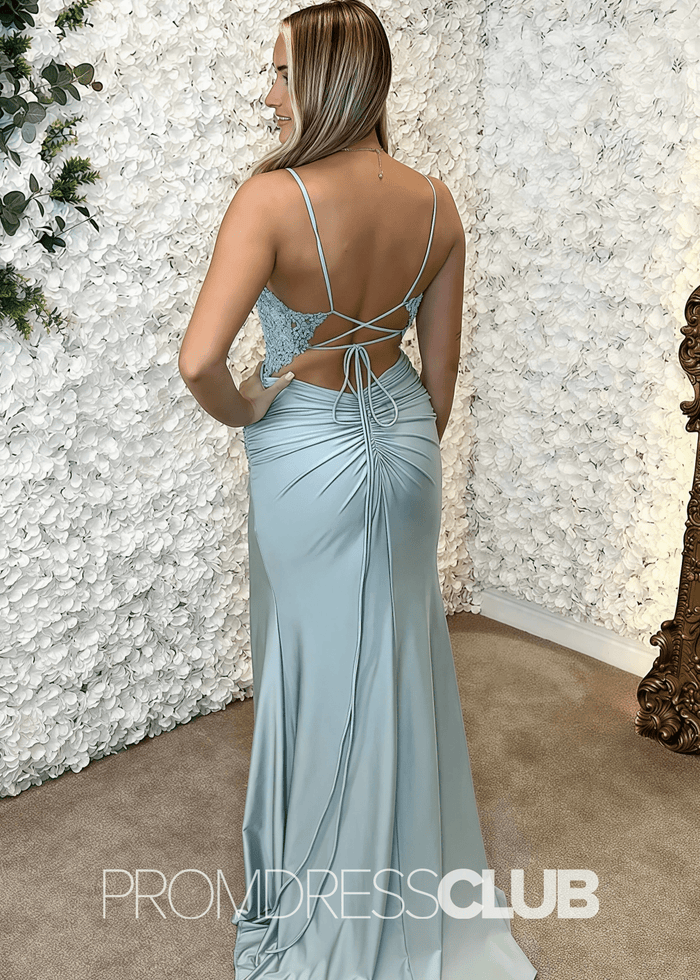 Faithe |Mermaid Light Blue Prom Dresses Long V Neck Spaghetti Straps with Slit - Light Blue - PromDressClub