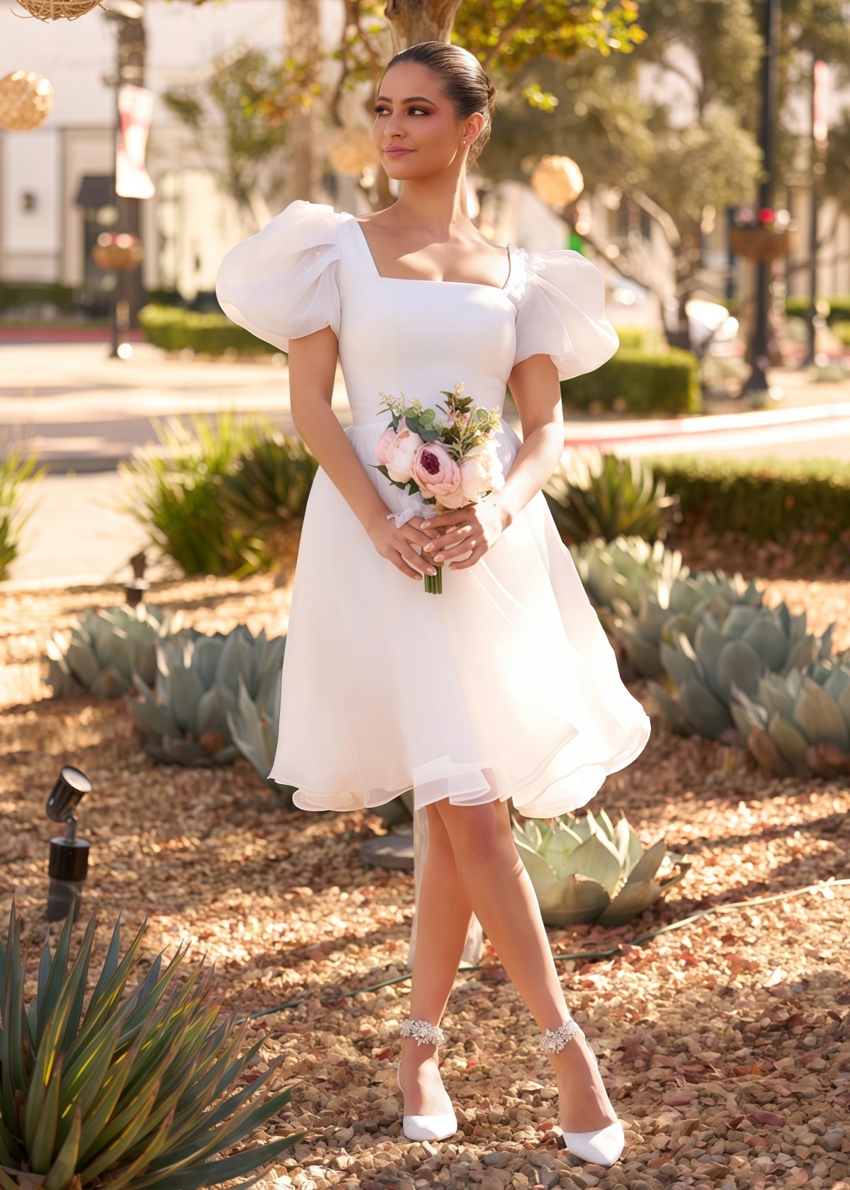 Faithe | Sexy A Line Square Neck Pearl Puff Sleeve Short Wedding Reception Dress for Bride - Price #price_variant_lowest# - White - PromDressClub