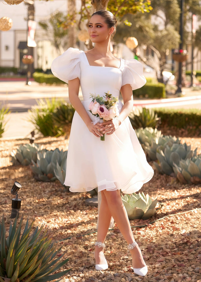 Faithe | Sexy A Line Square Neck Pearl Puff Sleeve Short Wedding Reception Dress for Bride - Price #price_variant_lowest# - White - PromDressClub