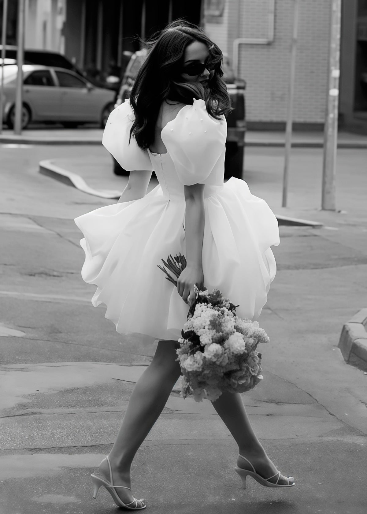 Faithe | Sexy A Line Square Neck Pearl Puff Sleeve Short Wedding Reception Dress for Bride - Price #price_variant_lowest# - White - PromDressClub