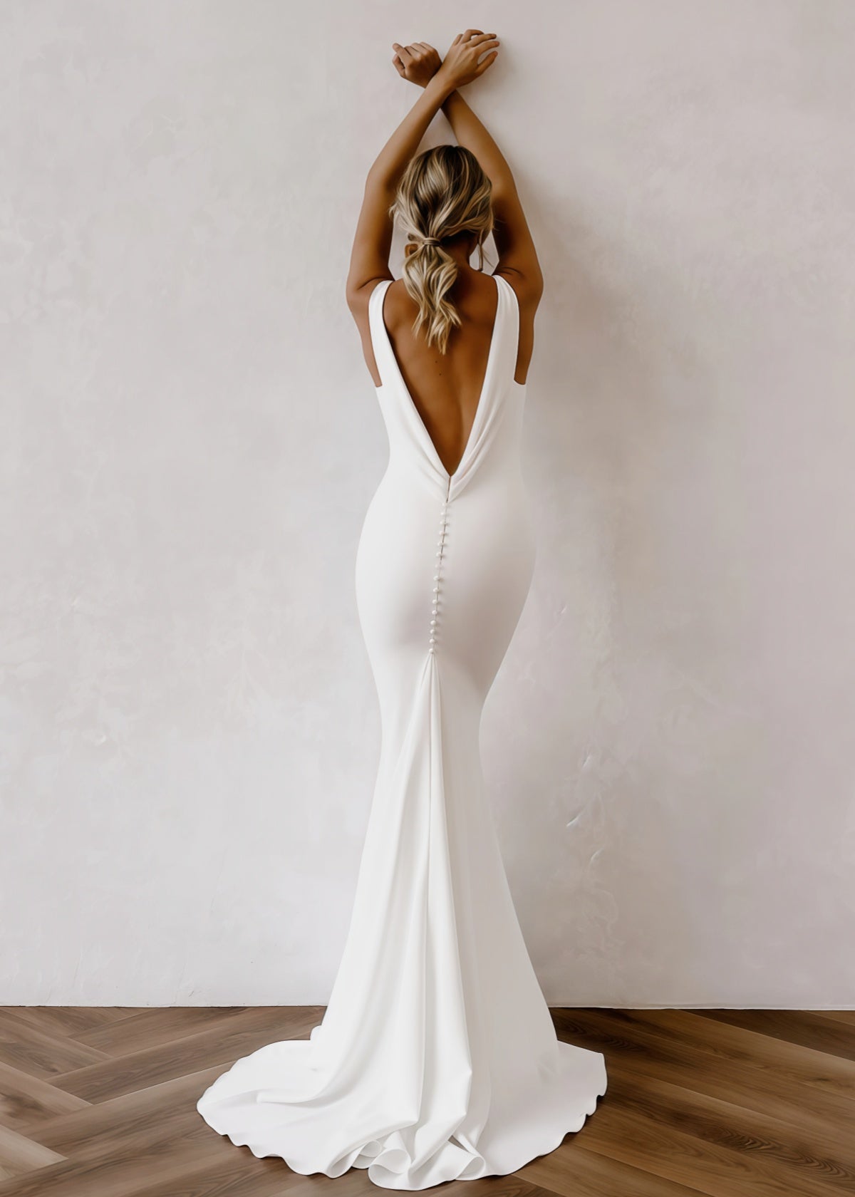 Fanny | Mermaid V Neck Backless Long White Satin Wedding Dress Detachable Train - Price #price_variant_lowest# - White - PromDressClub