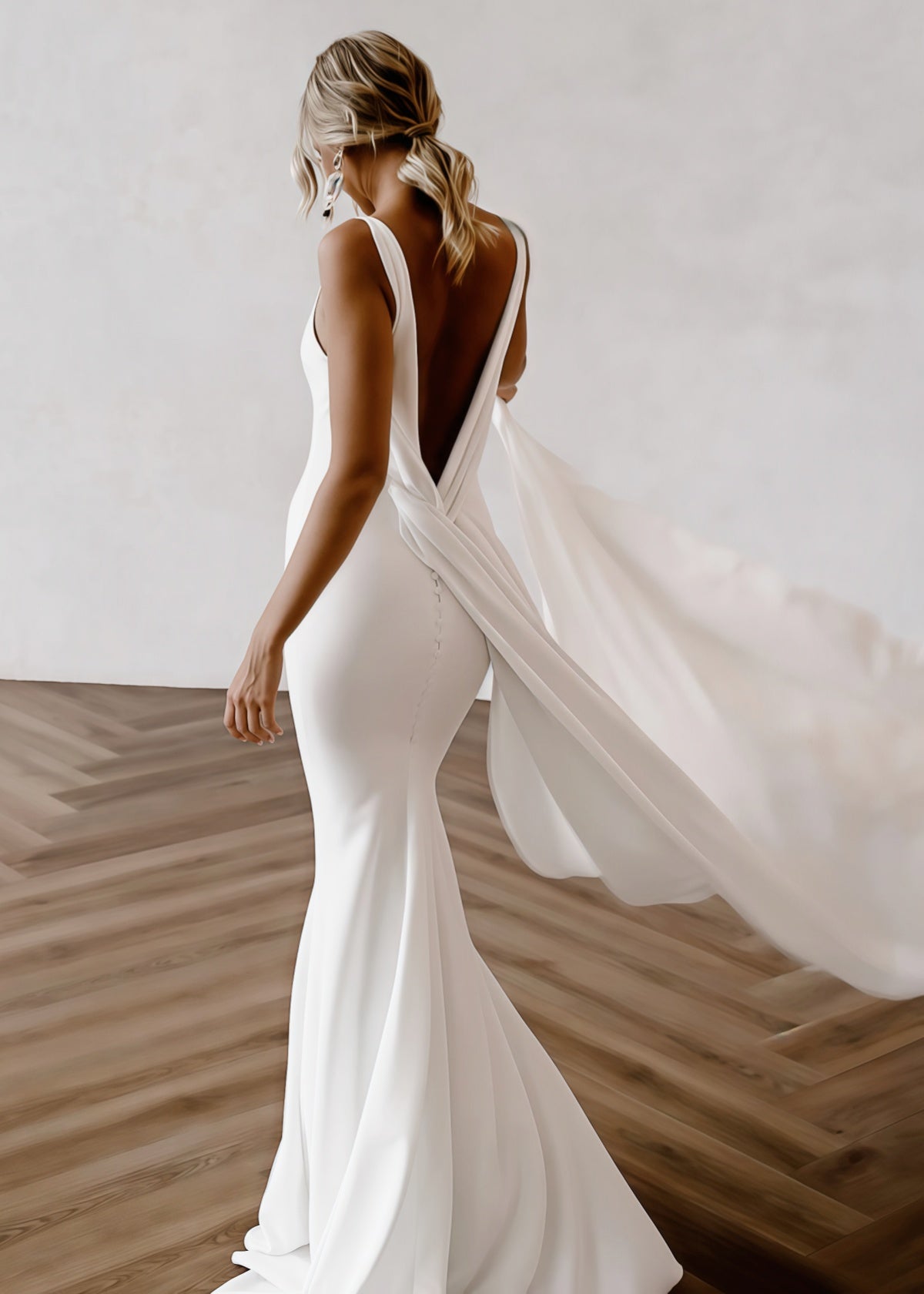 Fanny | Mermaid V Neck Backless Long White Satin Wedding Dress Detachable Train - Price #price_variant_lowest# - White - PromDressClub