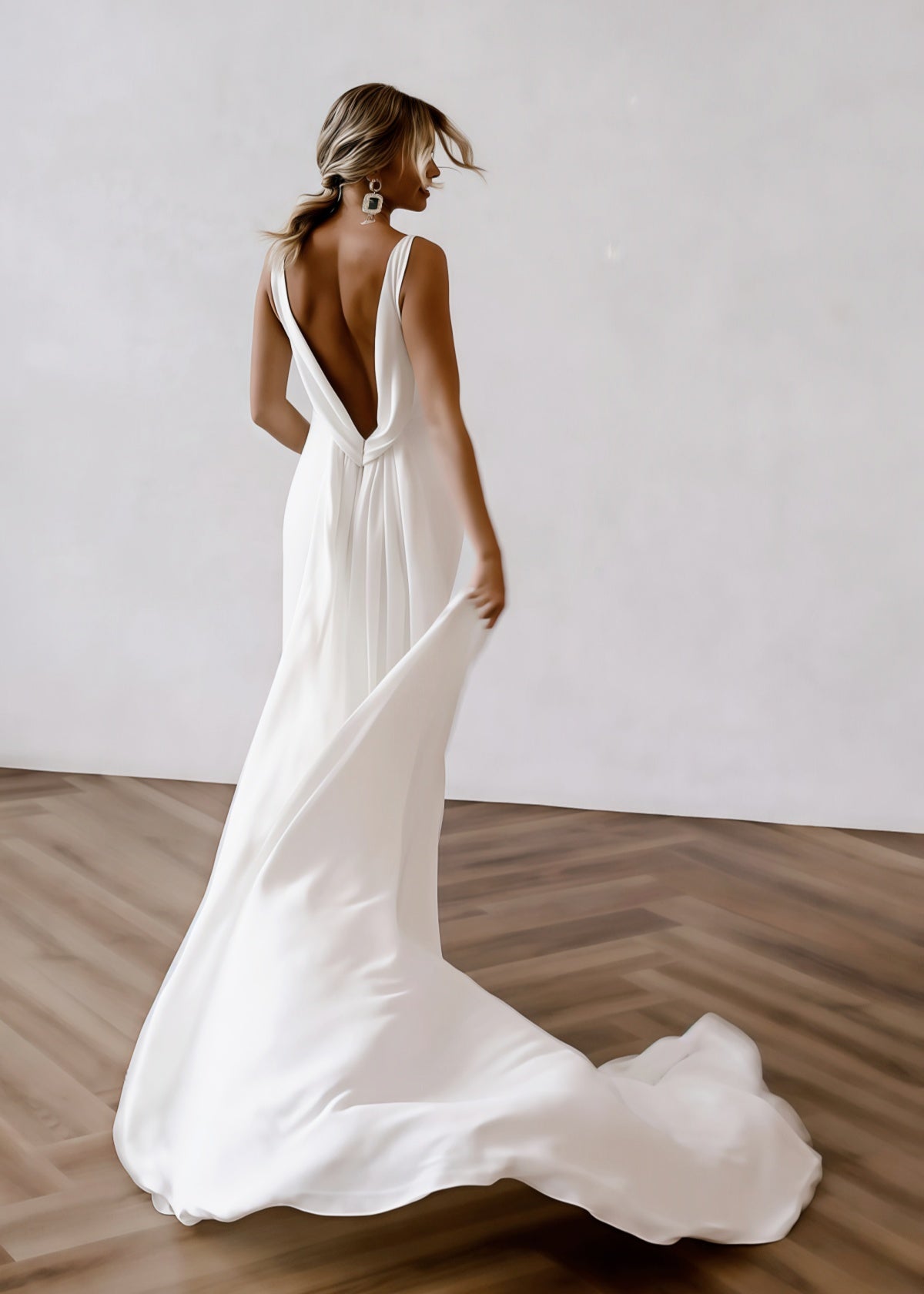 Fanny | Mermaid V Neck Backless Long White Satin Wedding Dress Detachable Train - Price #price_variant_lowest# - White - PromDressClub