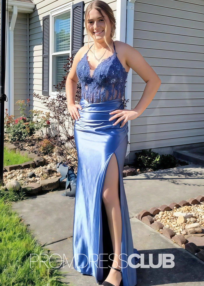 Fay |Mermaid Navy Blue Prom Dresses Long V Neck with Slit - Light Blue - PromDressClub