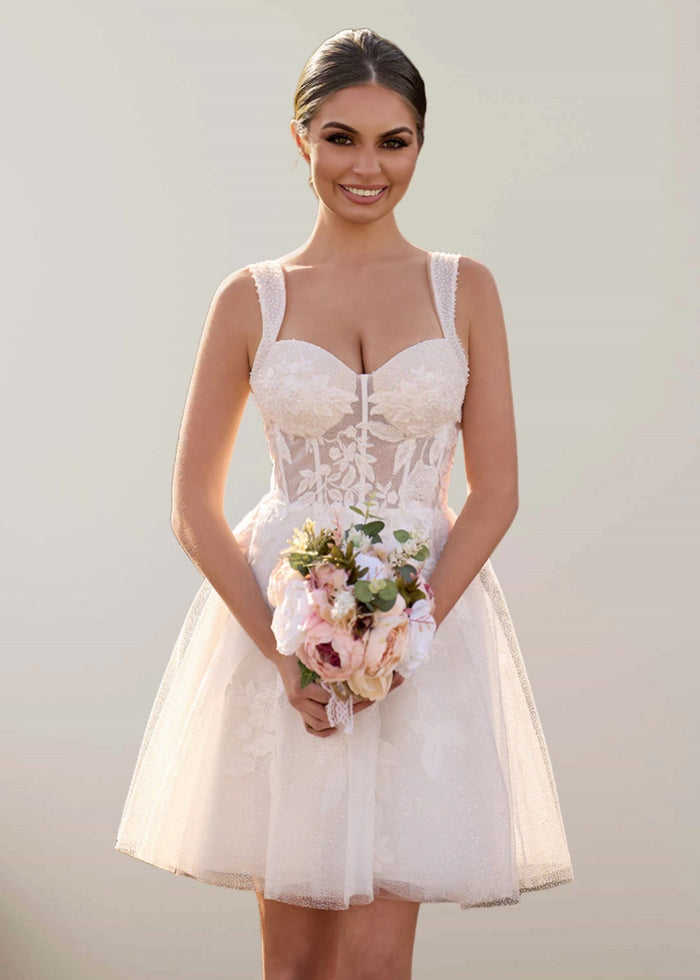 Fay | Romantic A Line Spaghetti Strap Appliques Lace Short White Wedding Reception Dress with Sweetheart Neck - Price #price_variant_lowest# - White - PromDressClub