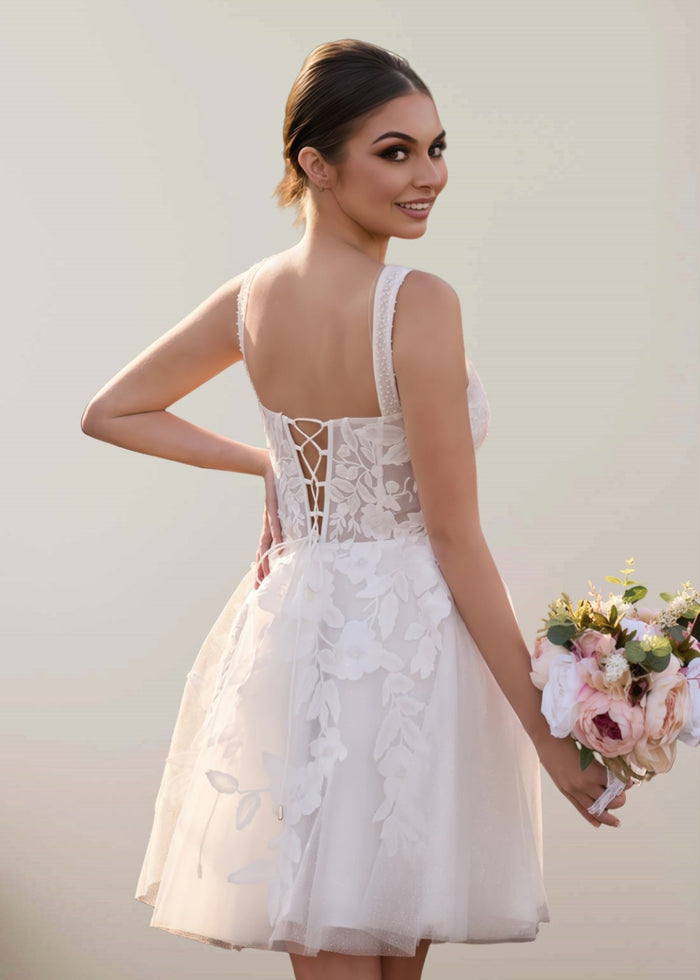 Fay | Romantic A Line Spaghetti Strap Appliques Lace Short White Wedding Reception Dress with Sweetheart Neck - Price #price_variant_lowest# - White - PromDressClub