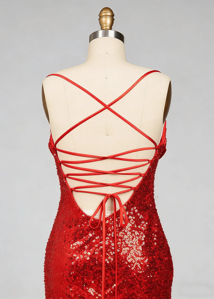 Fia Red Glitter Prom Dress | Column Spaghetti Strap Sweetheart Neckline Cocktail Dress with Slit - Red - PromDressClub