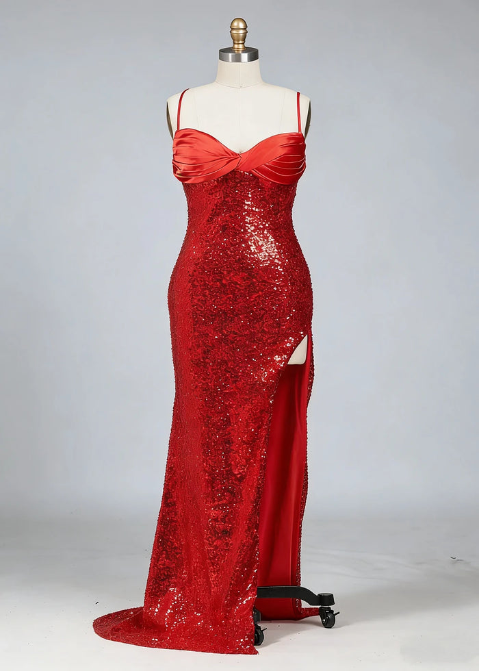 Fia Red Glitter Prom Dress | Column Spaghetti Strap Sweetheart Neckline Cocktail Dress with Slit - Red - PromDressClub