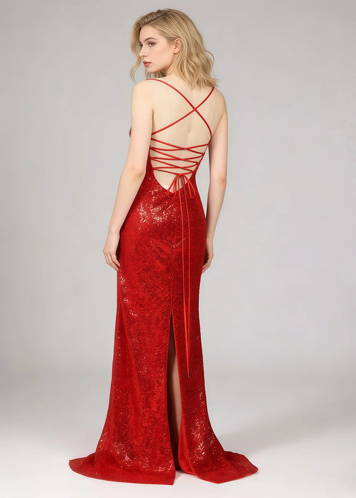 Fia Red Glitter Prom Dress | Column Spaghetti Strap Sweetheart Neckline Cocktail Dress with Slit - Red - PromDressClub