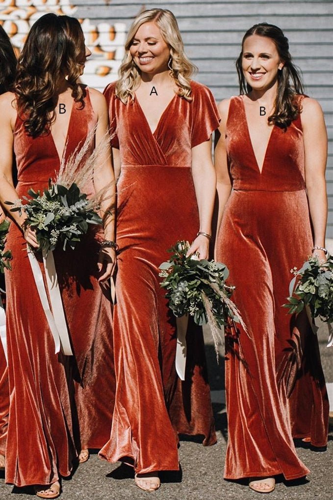 Julia |Floor Length V Neck Copper Velvet Bridesmaid Dress for Winter Weddings - Rust - PromDressClub