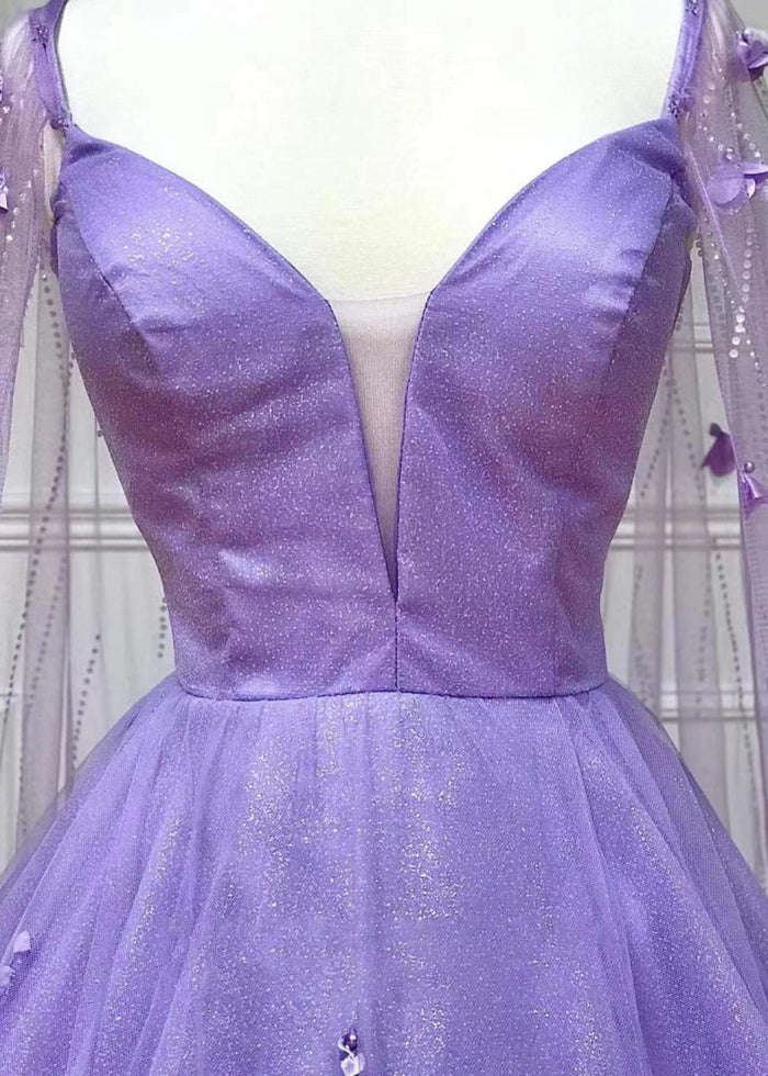 Flora | Lavender Light Blue Princess V Neck Backless 3D Flower Formal Dress with Cape Sleeves - Lavender - PromDressClub