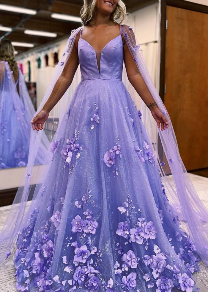 Flora | Lavender Light Blue Princess V Neck Backless 3D Flower Formal Dress with Cape Sleeves - Lavender - PromDressClub