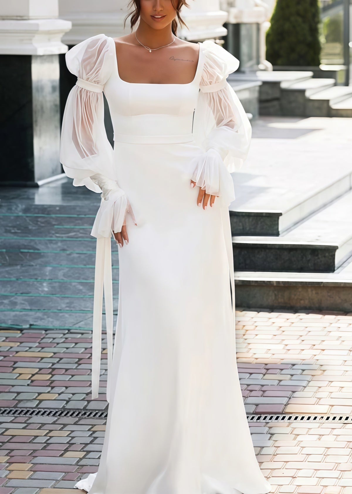 Flora | Square Neckline Mermaid Puff Long Sleeve White Wedding Dress Train - Price #price_variant_lowest# - White - PromDressClub