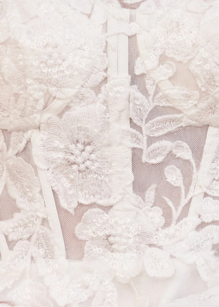 Florence | A Line Long Sleeve Illusion Neck Corset Short White Reception Wedding Dress - Price #price_variant_lowest# - White - PromDressClub