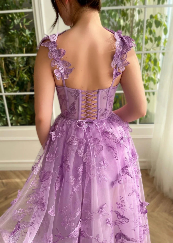 Florence | Lilac Light Pink A Line Square Neck Midi Semi Formal Dress with 3D Butterflies - Lilac - PromDressClub