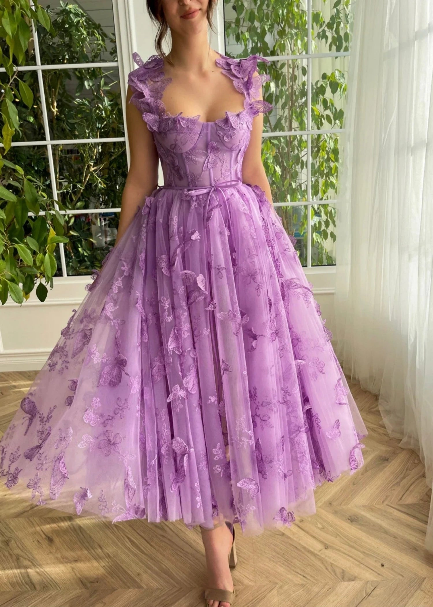 Florence | Lilac Light Pink A Line Square Neck Midi Semi Formal Dress with 3D Butterflies - Lilac - PromDressClub
