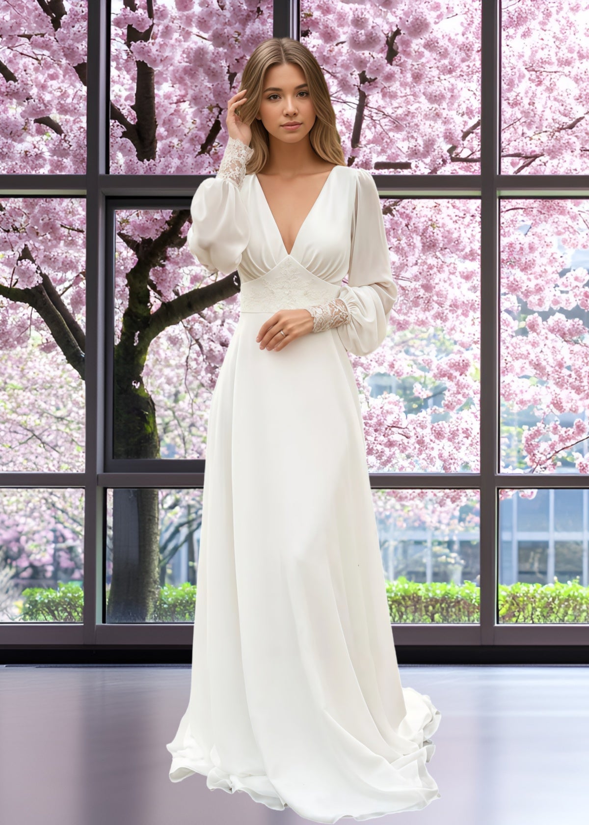 Frances | A Line Long Sleeve Appliques Lace Corset Chiffon Wedding Dress Train with V Neck - Price #price_variant_lowest# - White - PromDressClub