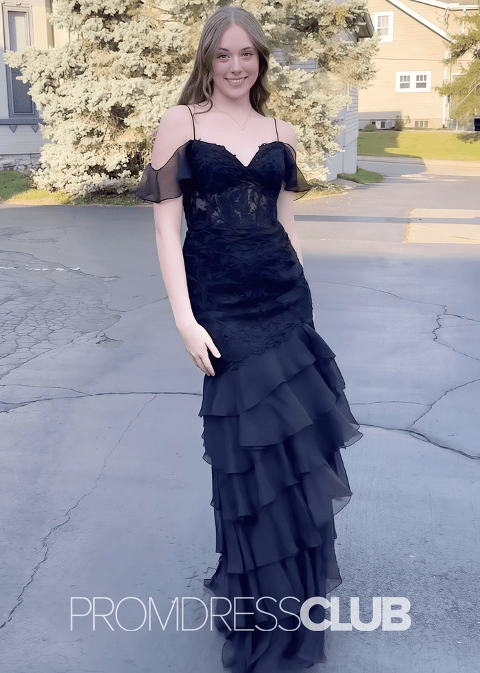 Frances | Long Black Prom Dresses Mermaid V Neck Spaghetti Straps Tulle with Slit - Black - PromDressClub