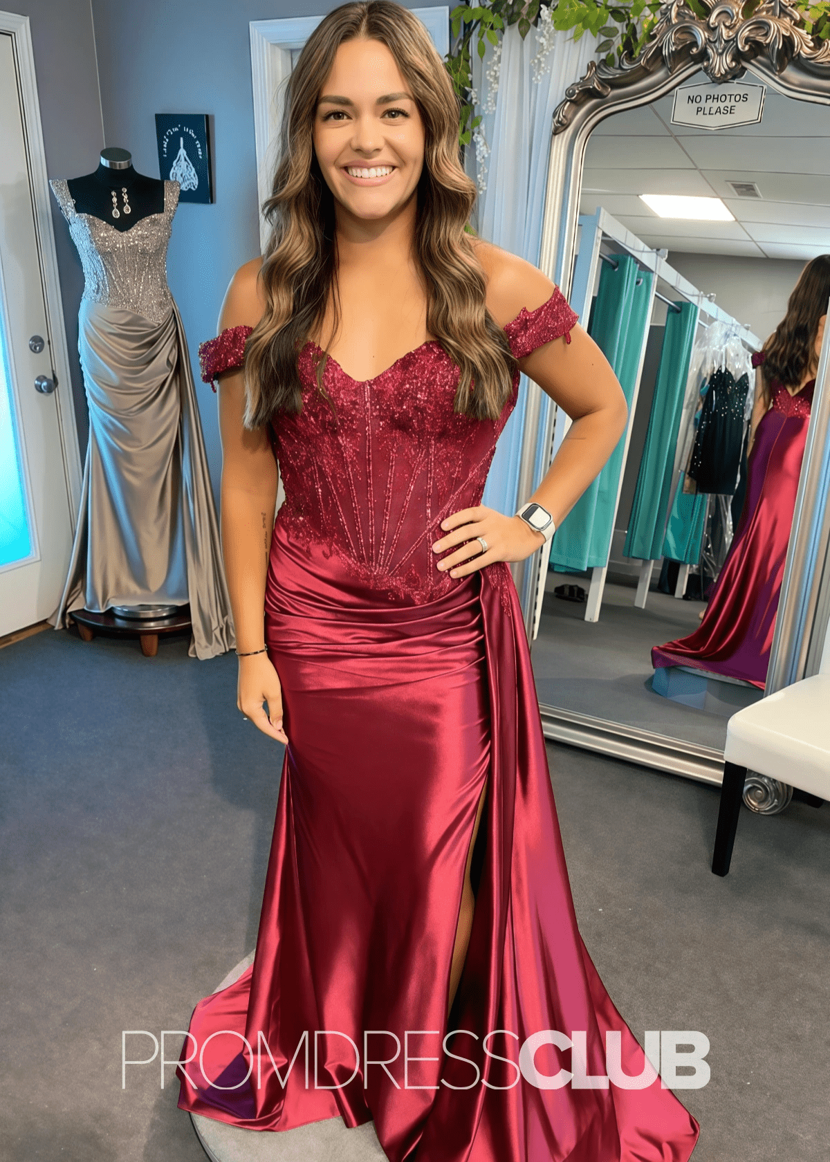 Freda | Long Emerald Green Prom Dresses Mermaid Off the Shoulder with Slit - Dark Red - PromDressClub