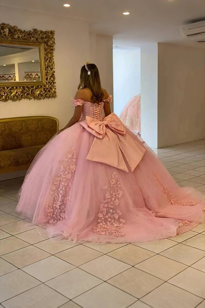 Gemma | Stunning Light Pink Flower Quinceanera Dress with Bow - Ideal for Sweet 16 Parties - Light Pink - PromDressClub