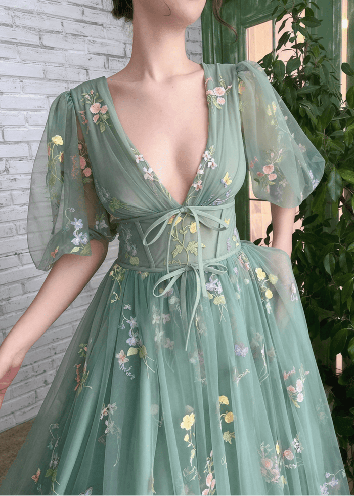 Genevieve | Elevate Your Elegance with Our Sage Green Floral Short Sleeve Corset Formal Dress – Design for Memorable Occasions - Sage Floral - PromDressClub