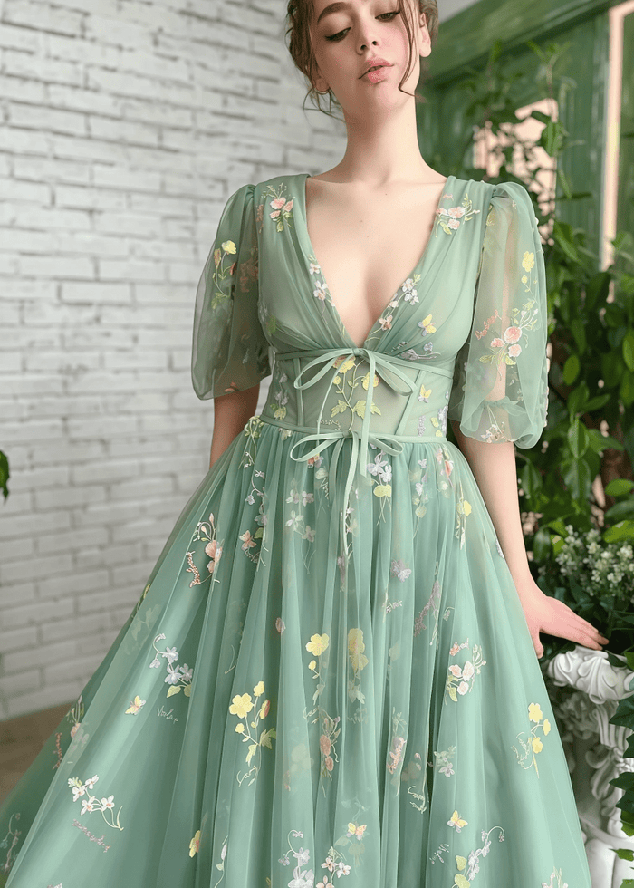 Genevieve | Elevate Your Elegance with Our Sage Green Floral Short Sleeve Corset Formal Dress – Design for Memorable Occasions - Sage Floral - PromDressClub