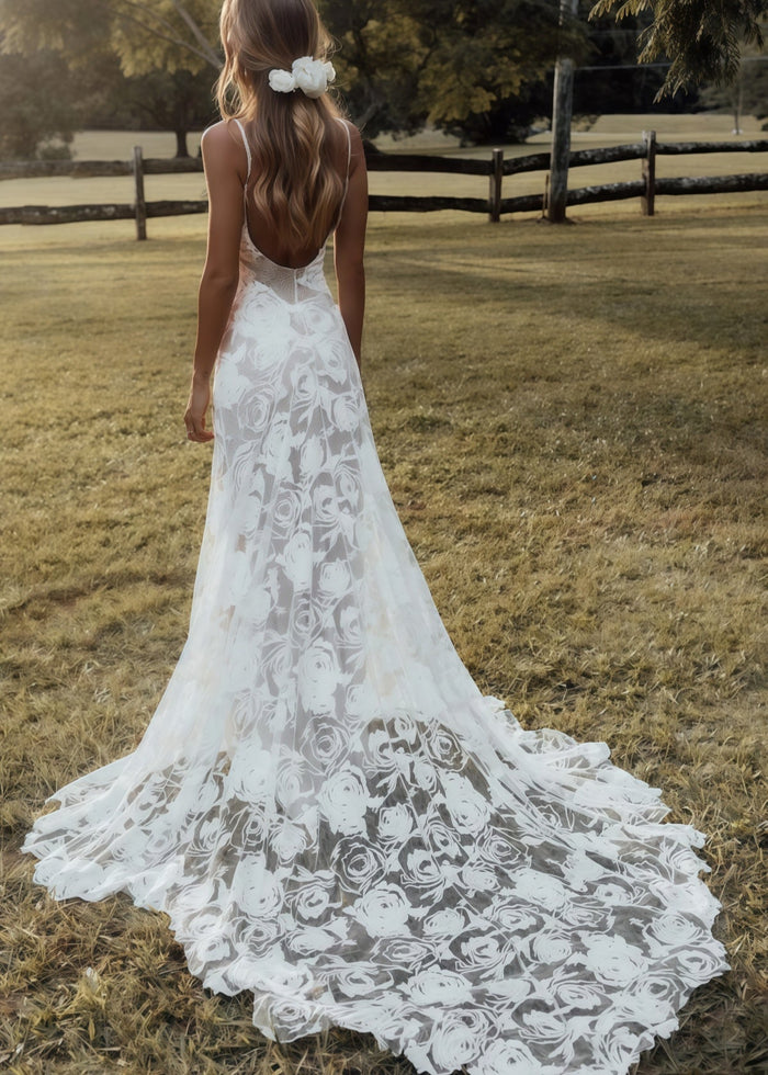 Genevieve | Mermaid Spaghetti Strap Backless Appliques Lace Long White Wedding Dress Train - Price #price_variant_lowest# - White - PromDressClub