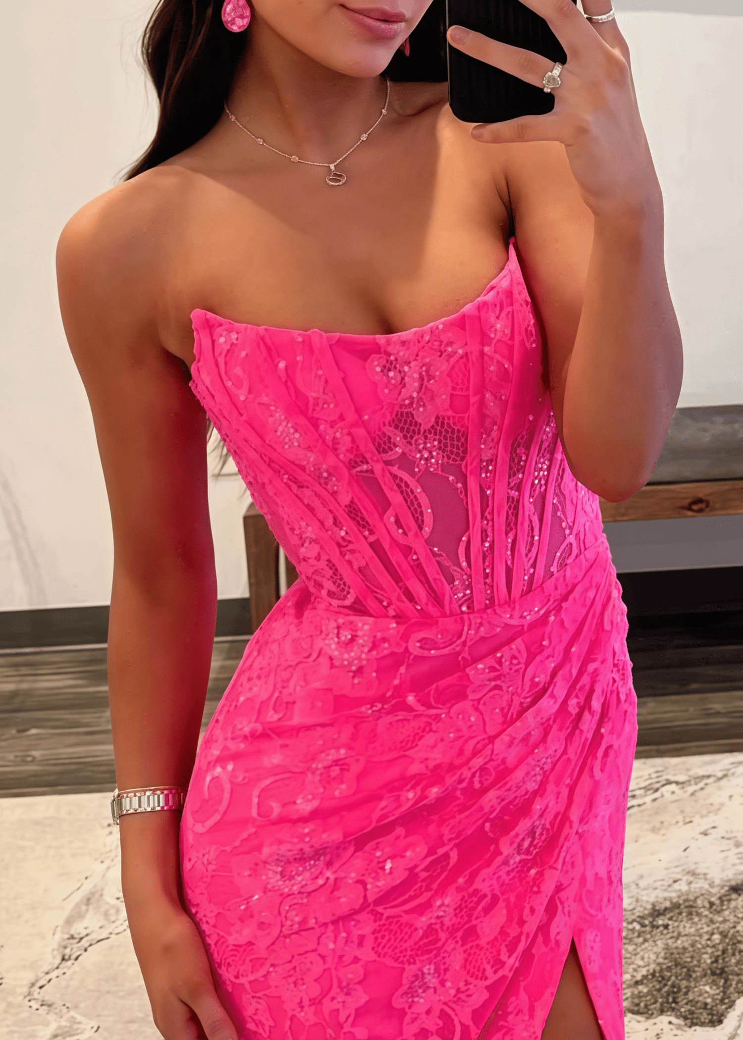 Genevieve | Lavender Hot Pink Mermaid Strapless Corset Pleated Formal Dress with Slit - Hot Pink - PromDressClub