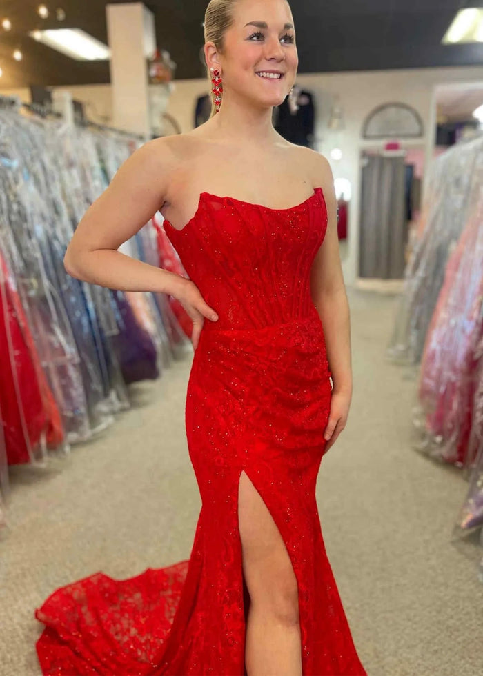 Genevieve | Lavender Hot Pink Mermaid Strapless Corset Pleated Formal Dress with Slit - Red - PromDressClub