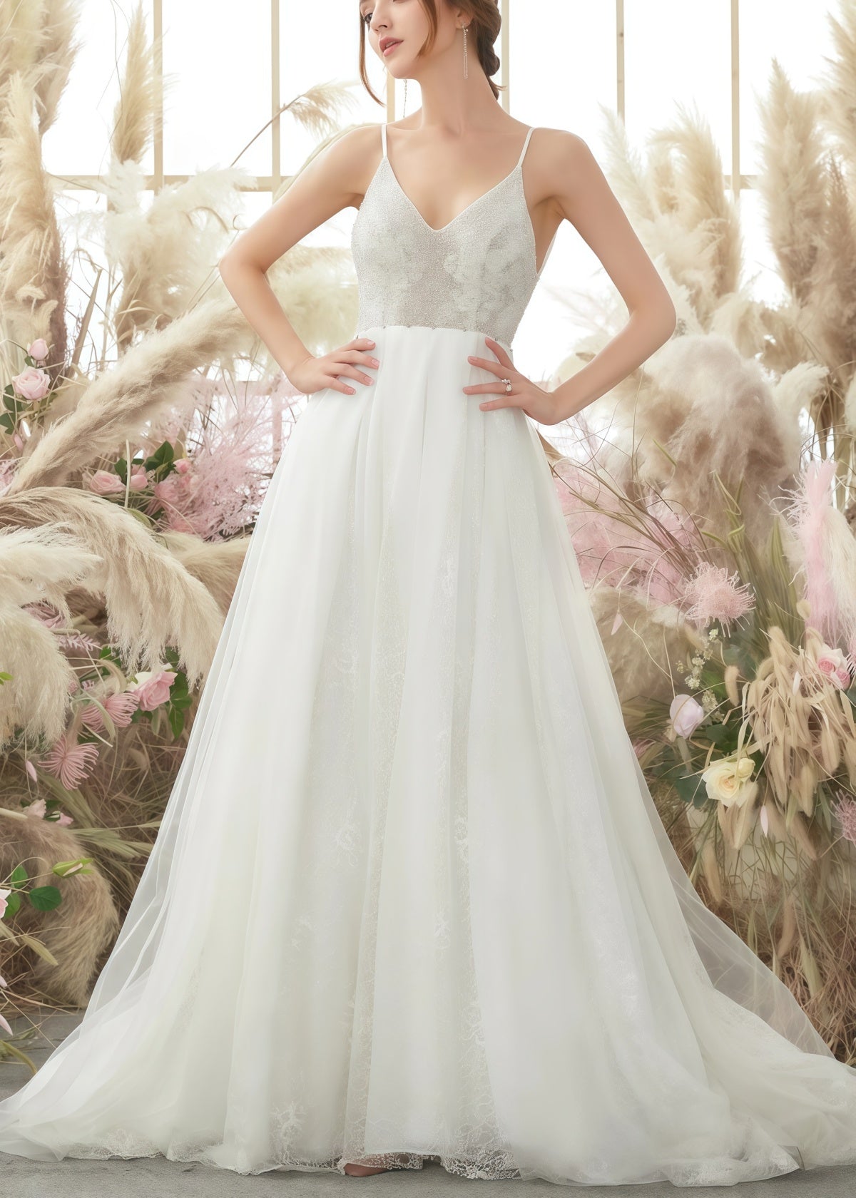 Georgia | A Line Spaghetti Strap Open Back Lace Long White Wedding Dress With Court Train - Price #price_variant_lowest# - White - PromDressClub
