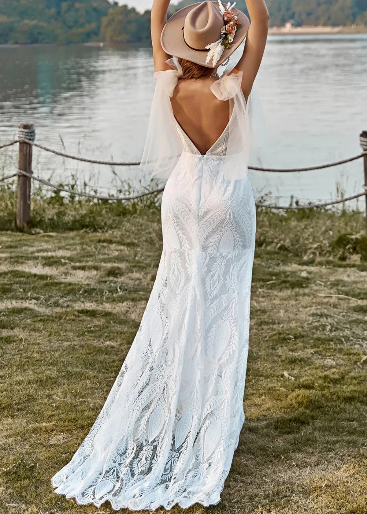 Geraldine | Boho Mermaid V Neck Backless Lace Long White Wedding Dress Train with Bow - Price #price_variant_lowest# - White - PromDressClub