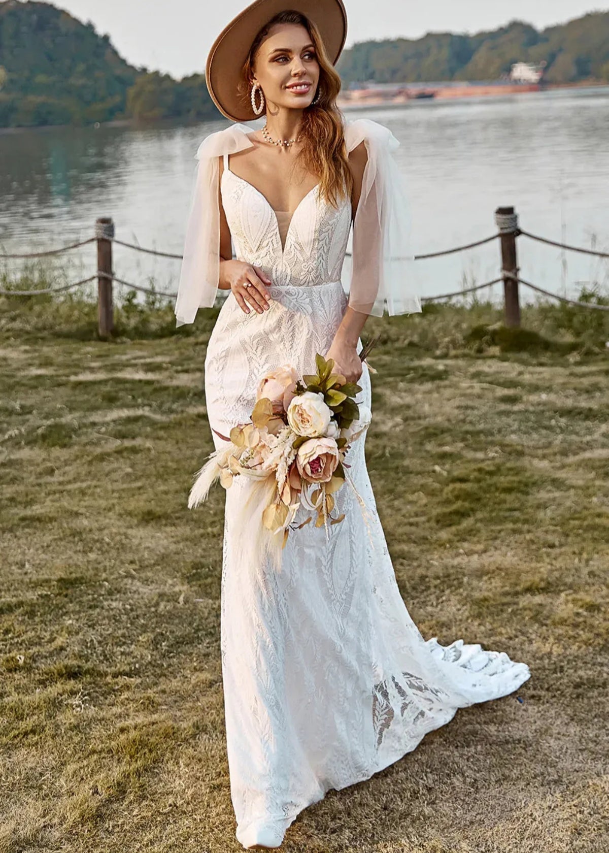 Geraldine | Boho Mermaid V Neck Backless Lace Long White Wedding Dress Train with Bow - Price #price_variant_lowest# - White - PromDressClub